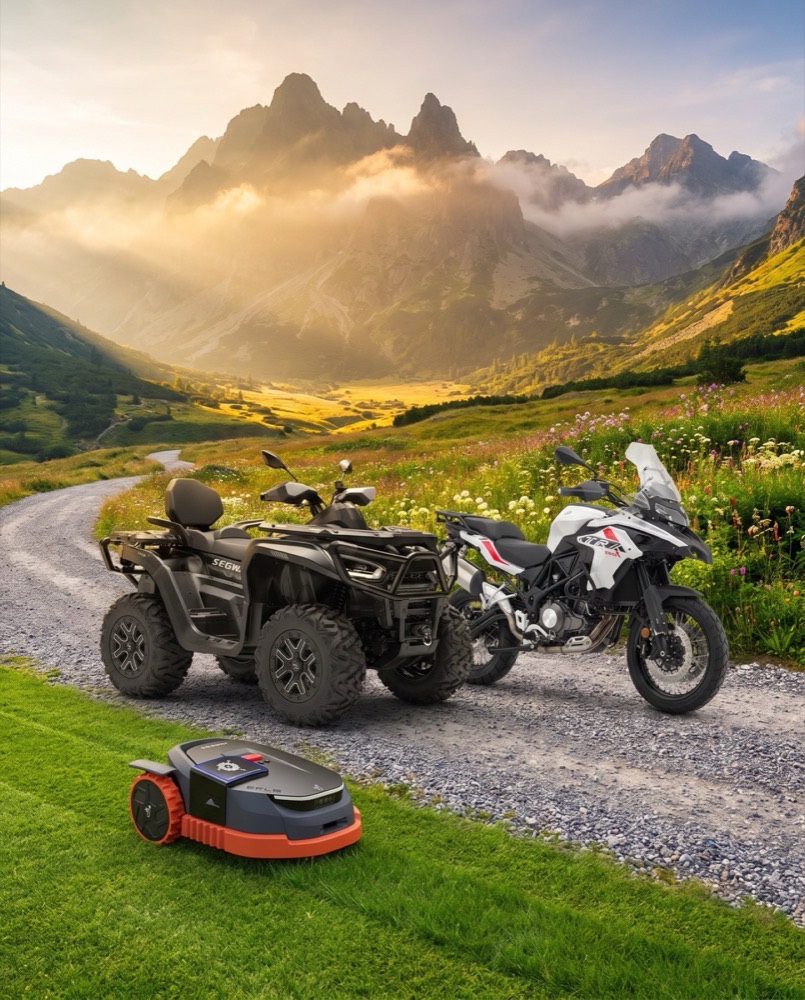 Titulná fotografia predajne B5 Centrum: štvorkolka, motocykel a robotická kosačka pod Tatrami